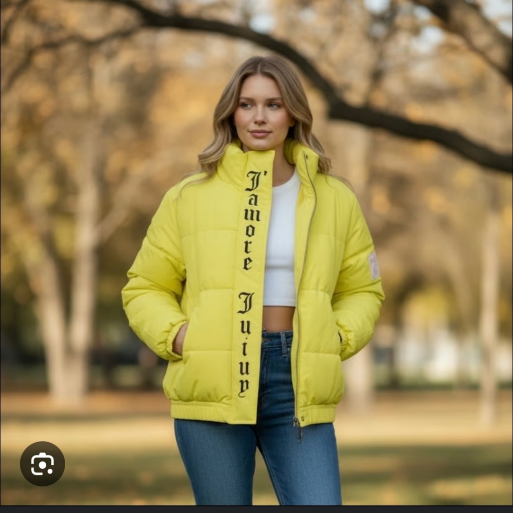 Juicy Couture Neon Yellow Onyx Puffer Logo Jacket Downlike Size Small New